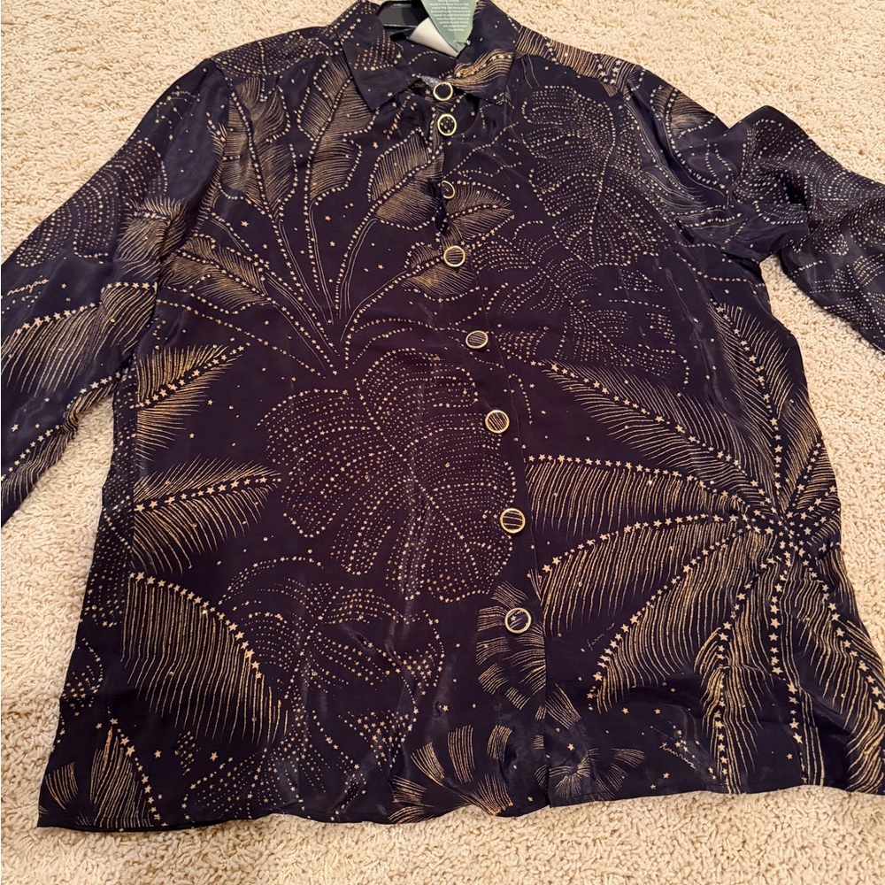 FARM Rio Black Blouse with Metallic Gold Palm Motif